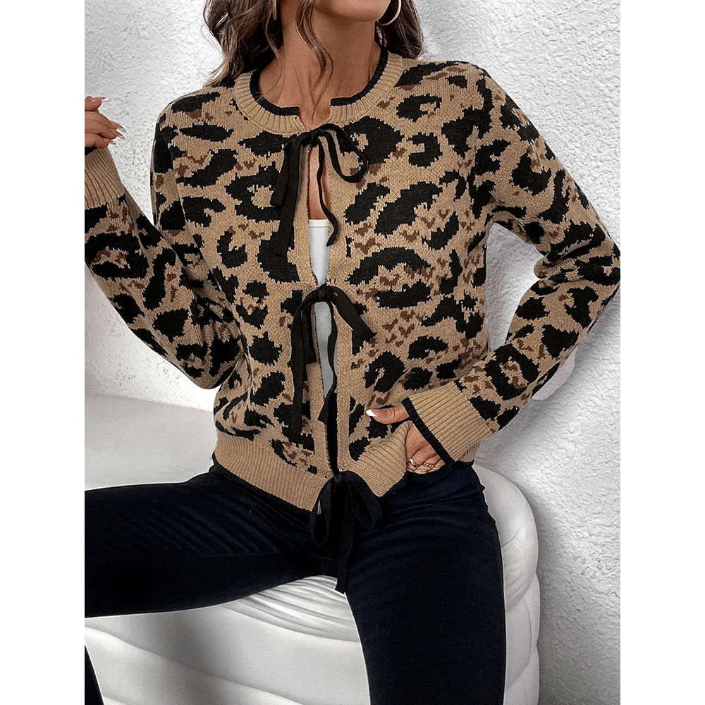 Mia Muse Suéter feminino outono moda elegante frenum leopardo manga comprida gola redonda suéter streetwear