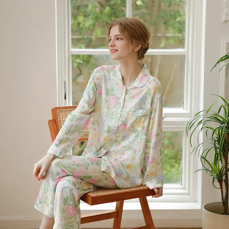 Autumn 2022 Satin Vanilla Mint Long Sleeve Printed Pajama Two-piece Set Floral Viscose Pajamas for Women Pijama Mujer 2 Piece