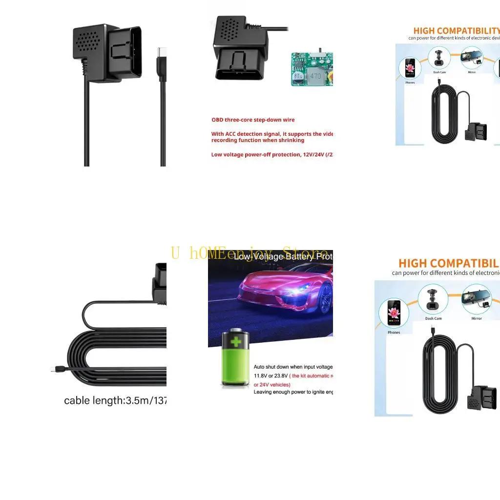 B0KF Universal OBD to Type C Charging Cable 3.5m 12V24V to 5V 2.5A Power Cord Perfect for Car DVR with Detections