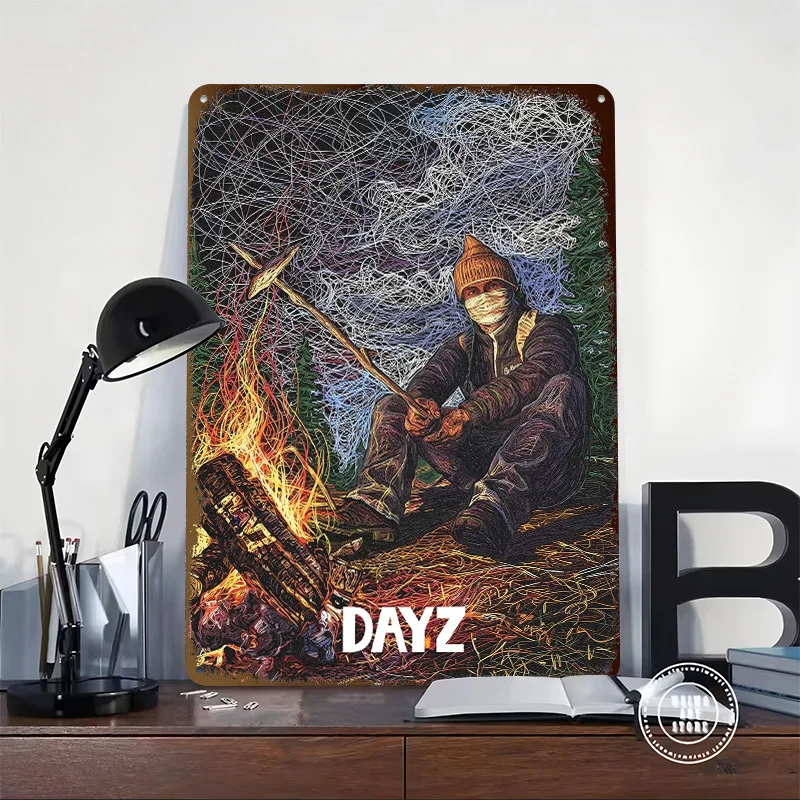 DayZ Survivor Roasting Food Over Campfire Personalized 3D Textured Metal Poster Wall Art Vintage Tin Signs for Wand Deko Decor