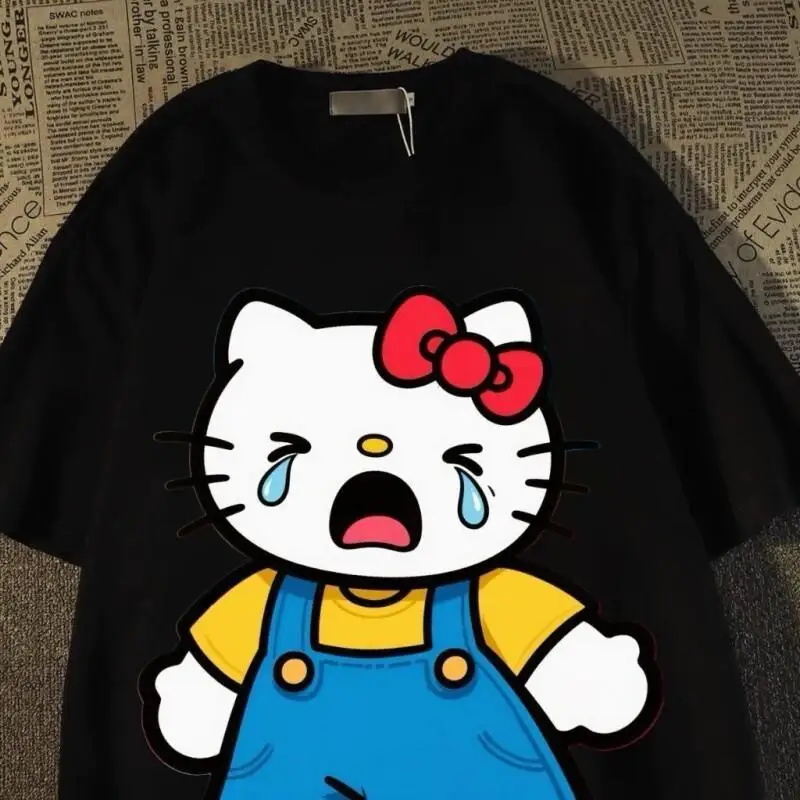 

Женская футболка Sanrio Hello Kitty, хлопковая футболка с короткими рукавами для мужчин и студентов, повседневная, универсальная, в японском стиле, в стиле ретро