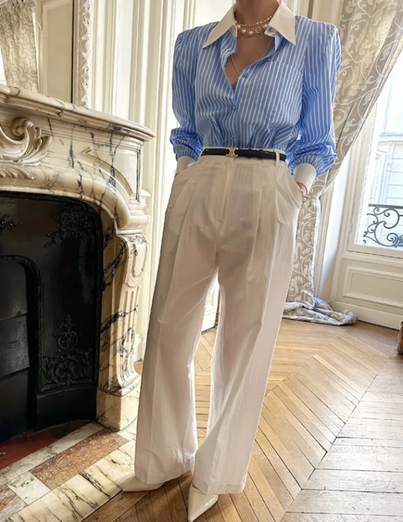 Blusas Vintage para mujer, camisas informales a rayas, ropa holgada a la moda con cuello tipo Polo para primavera/verano, Tops de manga larga con bolsillo para mujer