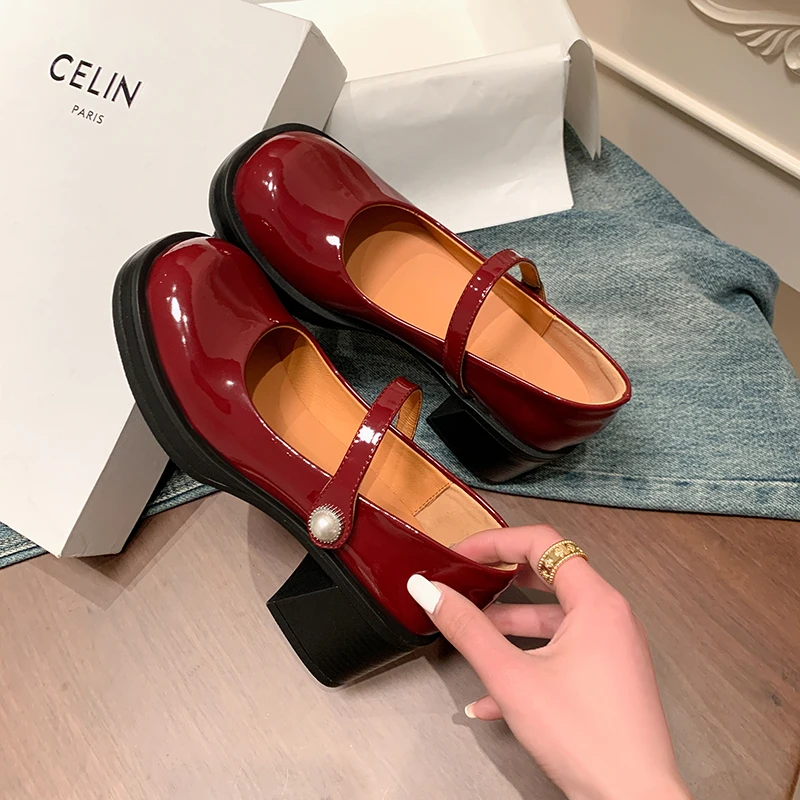 

Red Mary Jane Women Pumps Lolita Round Toe Shoes Thick High Heels Shoes Female Spring Fashion Genuine Leather Shoes Woman New