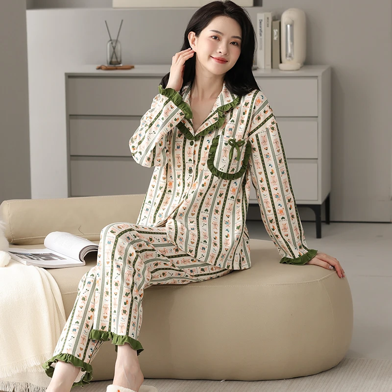 Dames Modale Katoenen Pyjama Set Turn-Down Kraag Pyjama Lange Mouwen Pak Print Dames Nachtkleding Herfst Homewear Home Services