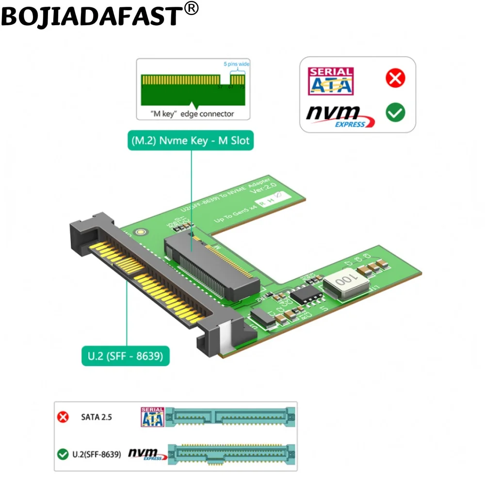 U.2 SFF-8639 Interface to NGFF M.2 M-Key Adapter Card With Pure Aluminum Enclosure Case for 2280 PCI-E 5.0 M2 NVME SSD