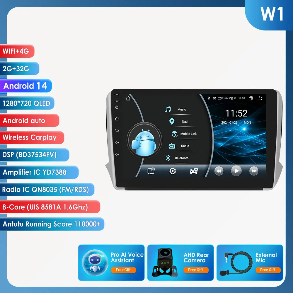 Hizpo Autoradio Carplay 4G 8581 AI Systemen Android Autoradio voor Peugeot 208 2008 Serie 2012-2018 multimedia Video Player Gps