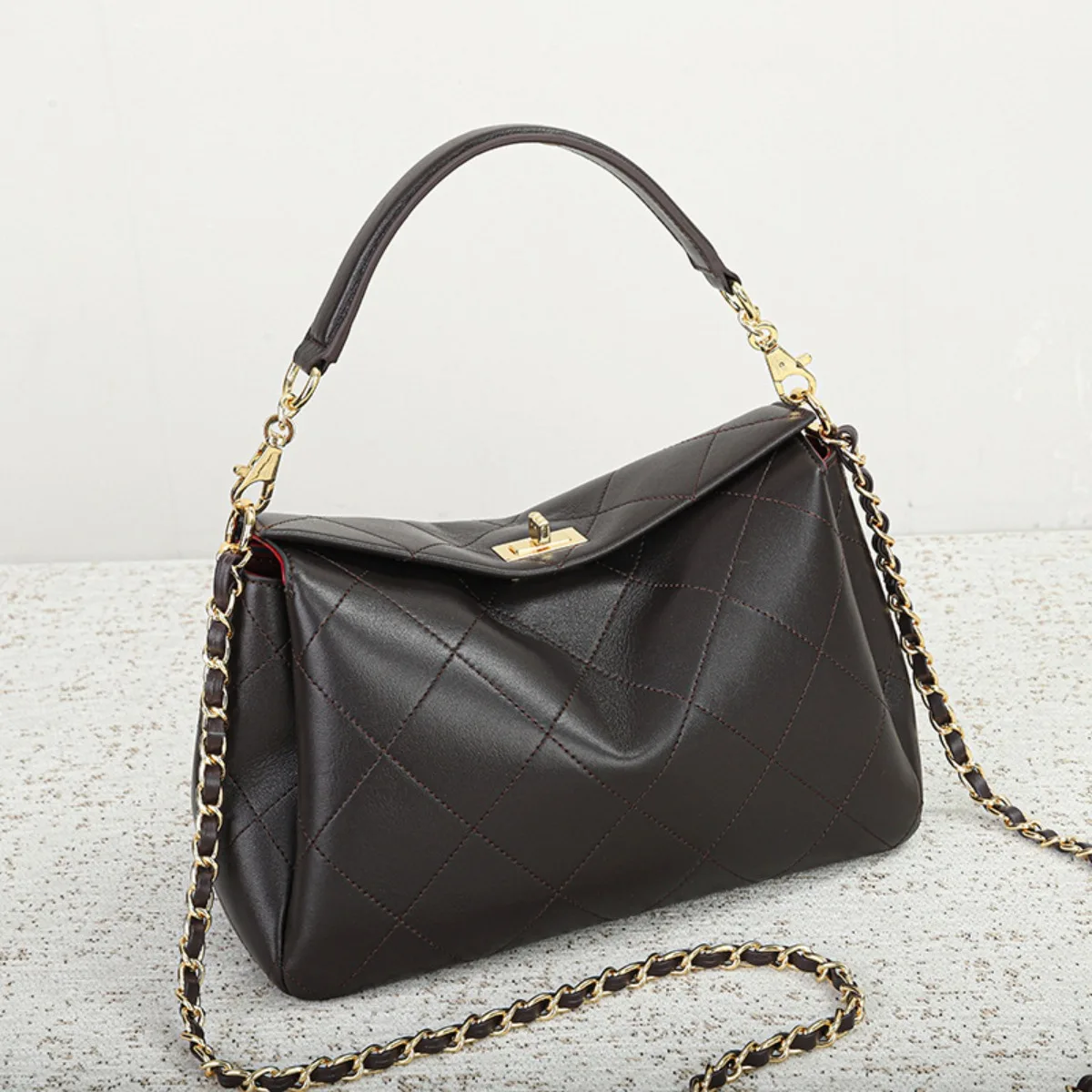 Genuine Lambskin Women's Quilted Chain Handbag Large Capacity Shoulder Crossbody Bag Top Handle Commuter Purse
