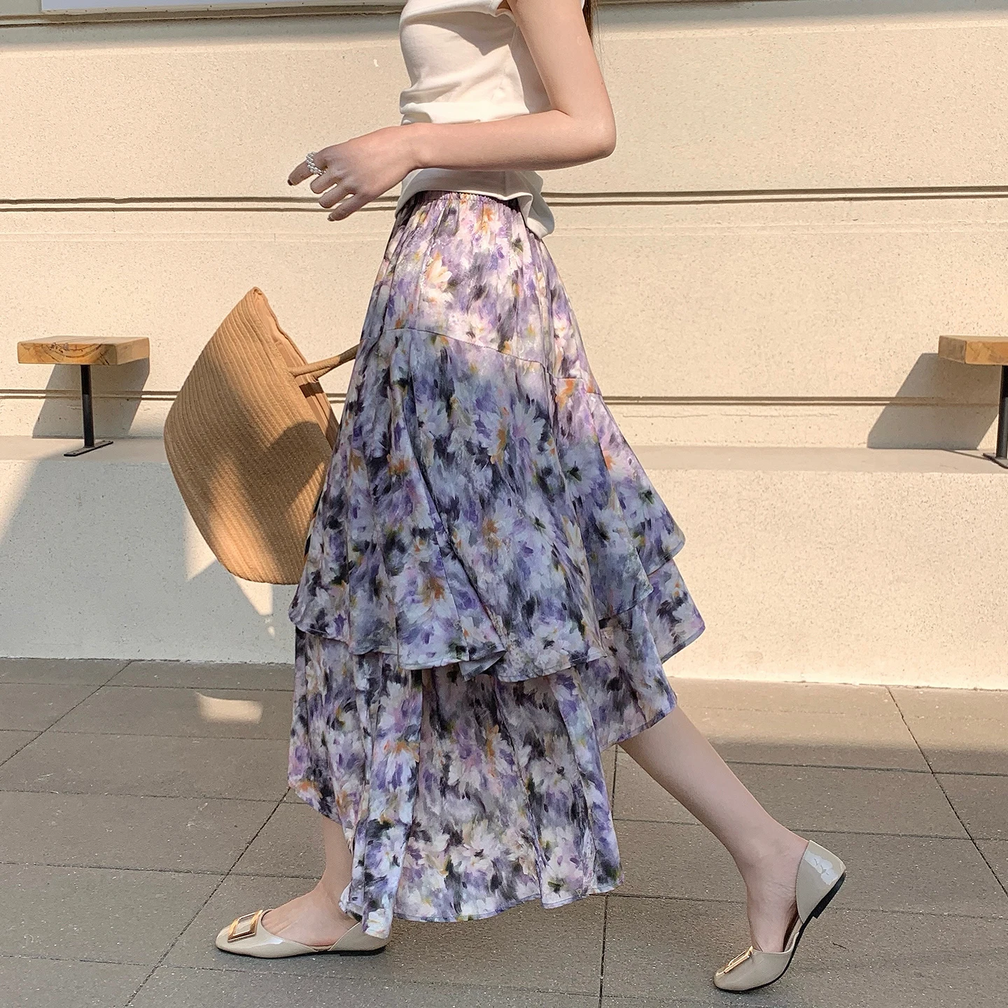 

Весенне-летняя женская юбка миди А-силуэта с цветочным принтом, плиссированная, из полиэстера, с высокой талией, асимметричная