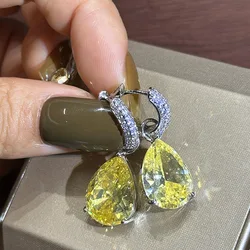 Yellow crystal Female Inlaid Colored Gemstones Large Drop Earrings