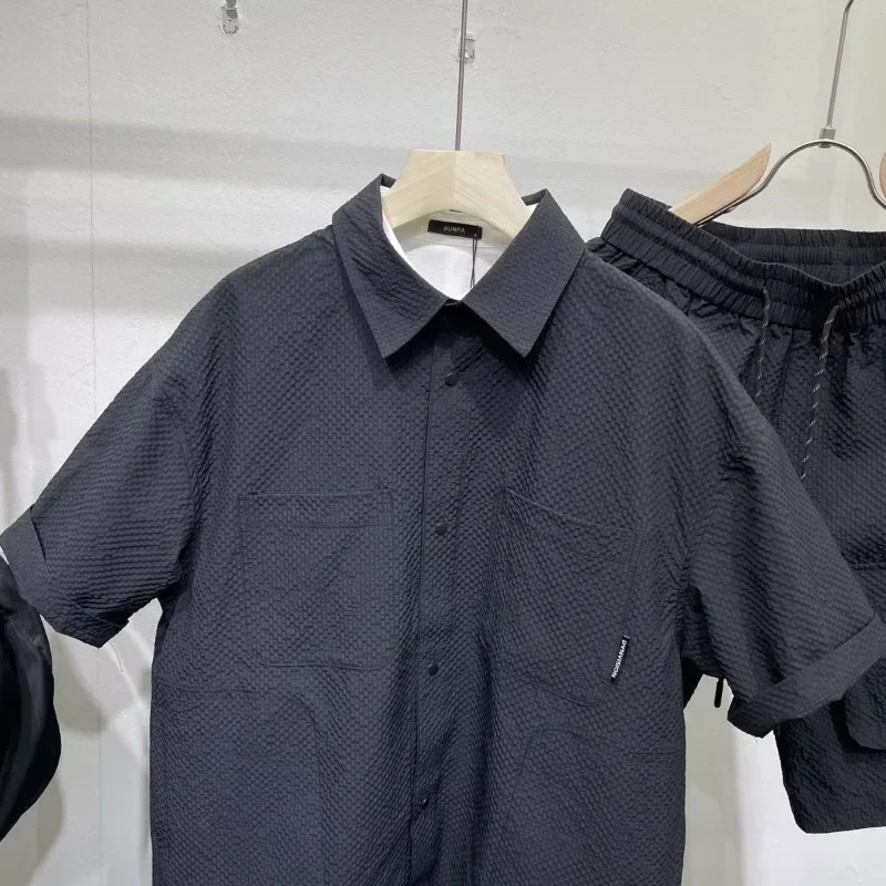 Chemise à revers à simple boutonnage et short à poches pour hommes, ensembles à manches courtes, monochromatique, haute qualité, sports décontractés, été