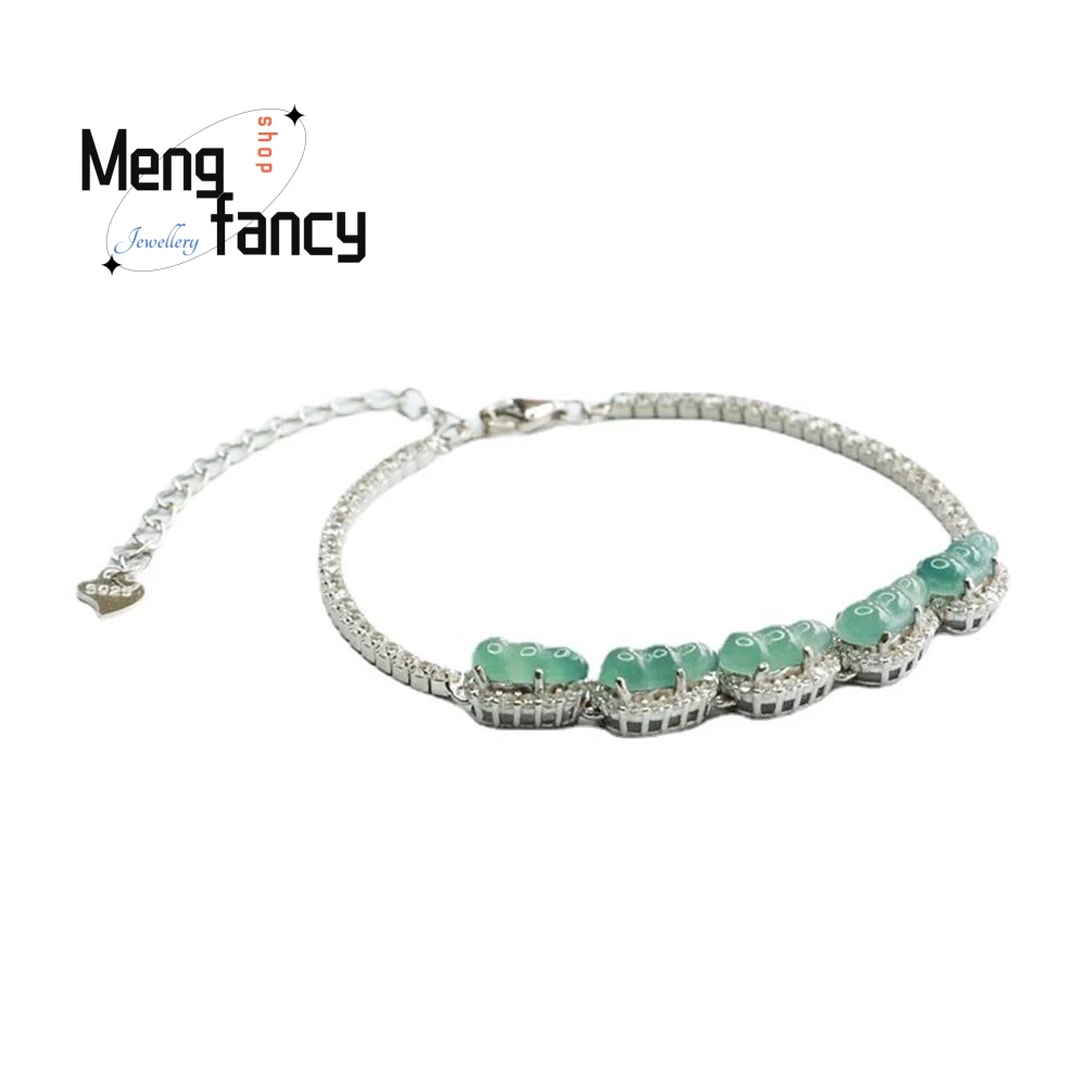 S925 Silver Lnlaid Natural Jadeite Ice Blue Water Four Season Bean Bracelet Exquisite Elegant High-grade Luxury Quality Jewelry