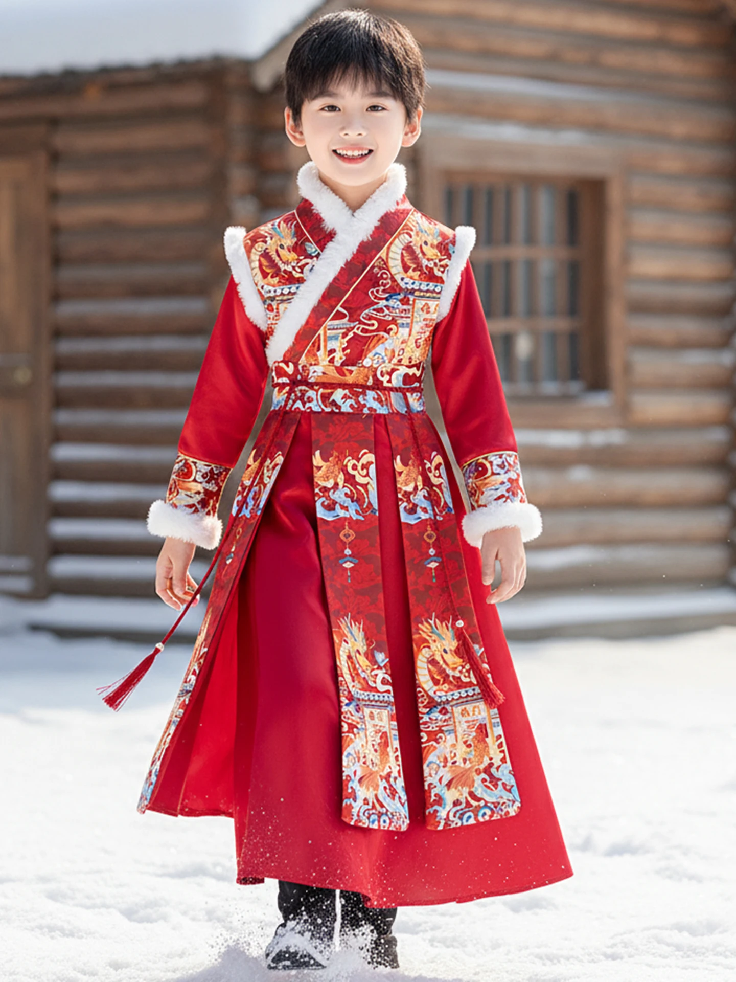 

Красные новогодние праздничные костюмы для мальчиков 2026 года в стиле династии Мин: традиционные китайские наряды Ханьфу, зимние детские костюмы