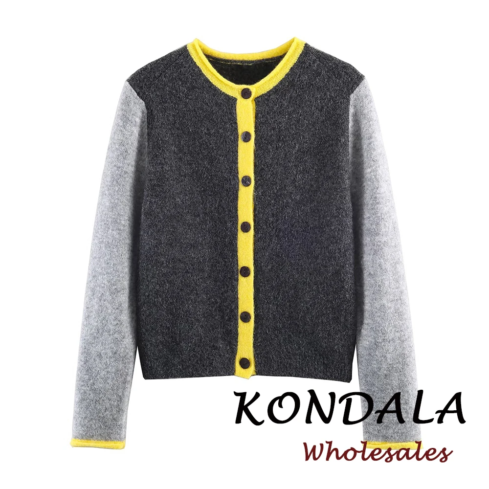 

Женский вязаный свитер KONDALA Chic 2026: элегантный, повседневный, с цветовыми блоками, винтажный, с круглым вырезом, в стиле пэчворк