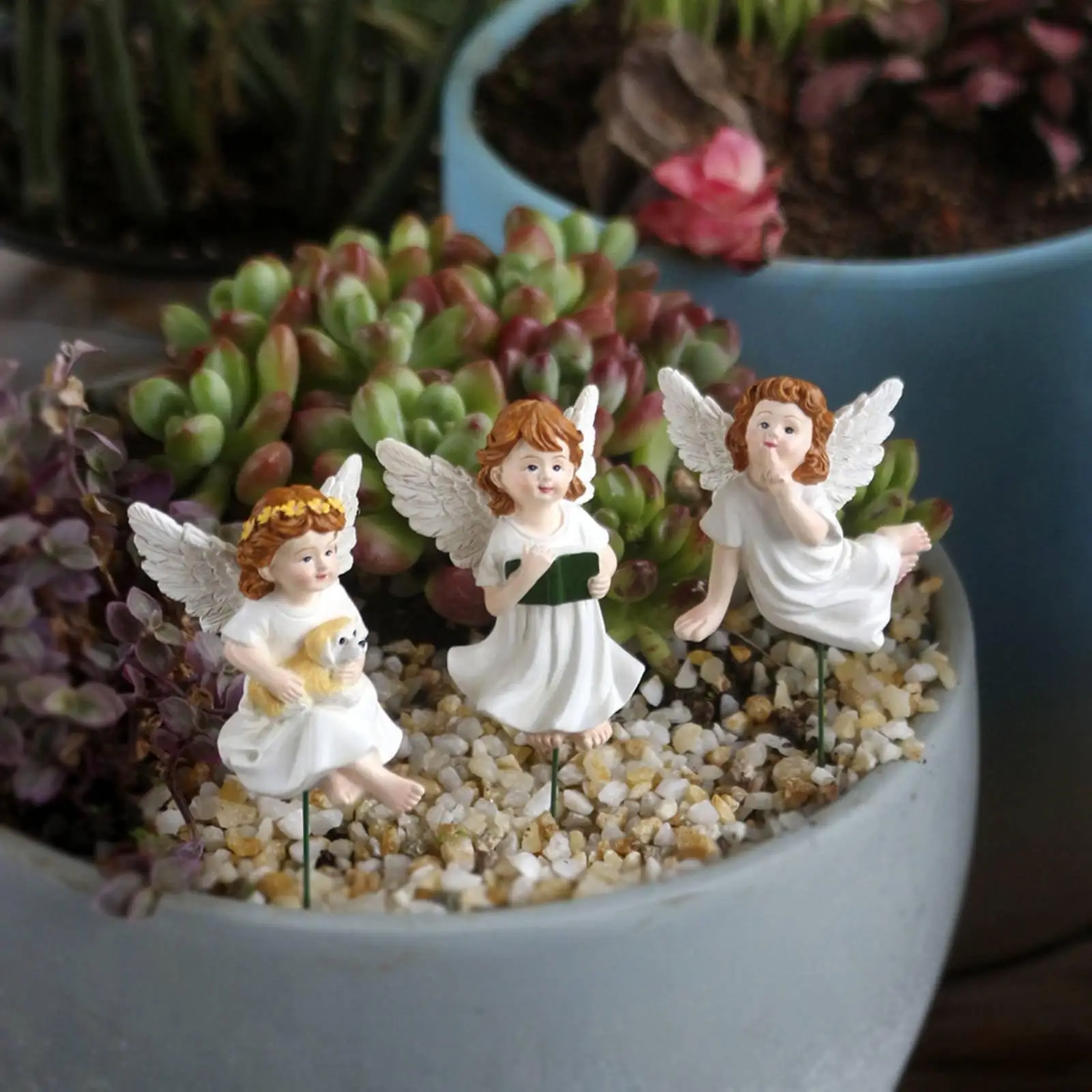 3 Pieces Winged Floral Ornament Pick Set Mini Size Resin Angel Plant Stake