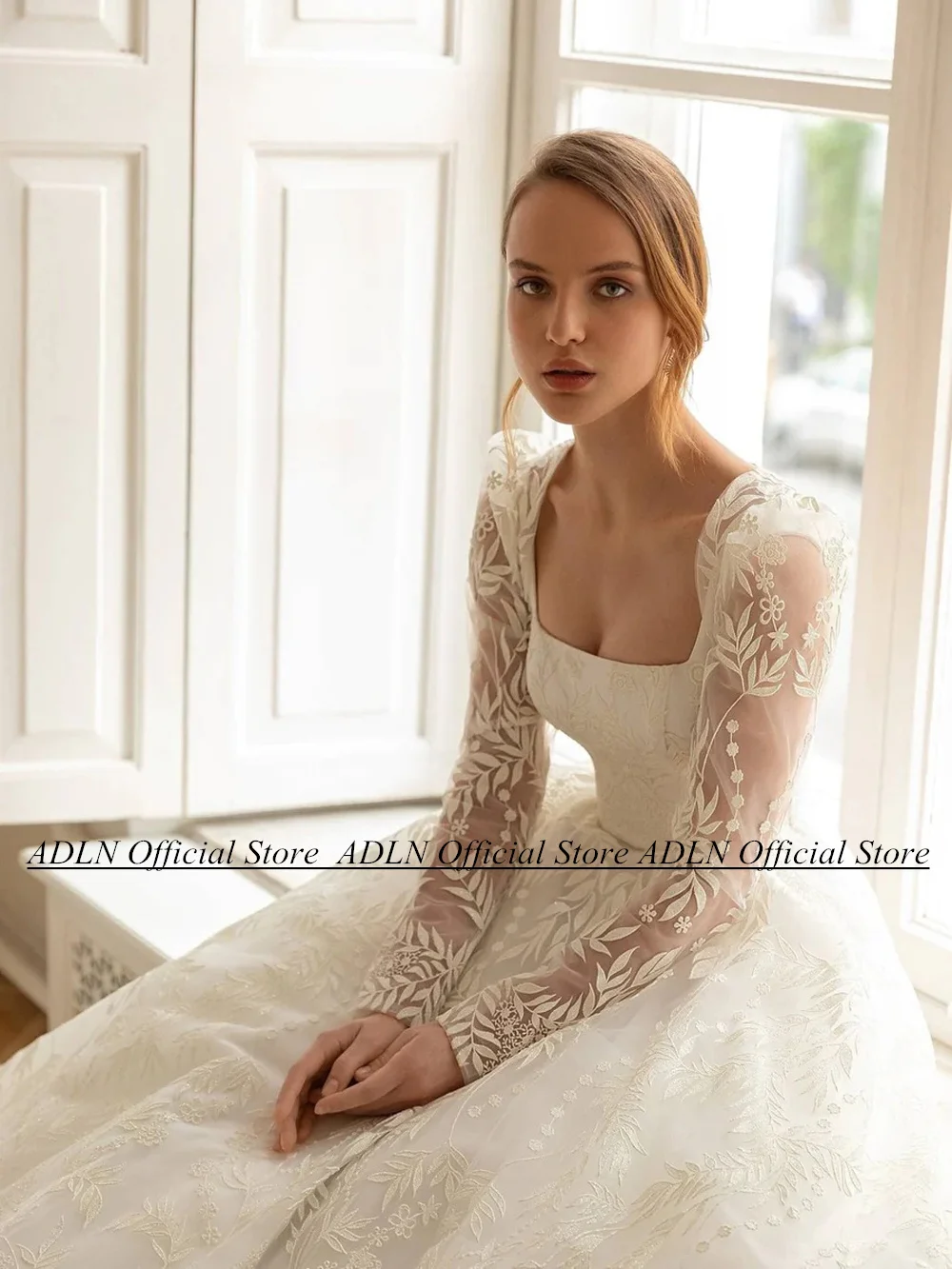 ADLN Luxury Lace Wedding Gowns Exquisite Long Sleeves Square Neck Open Back Court Train A Line Bridal Dress Vestido De Noiva