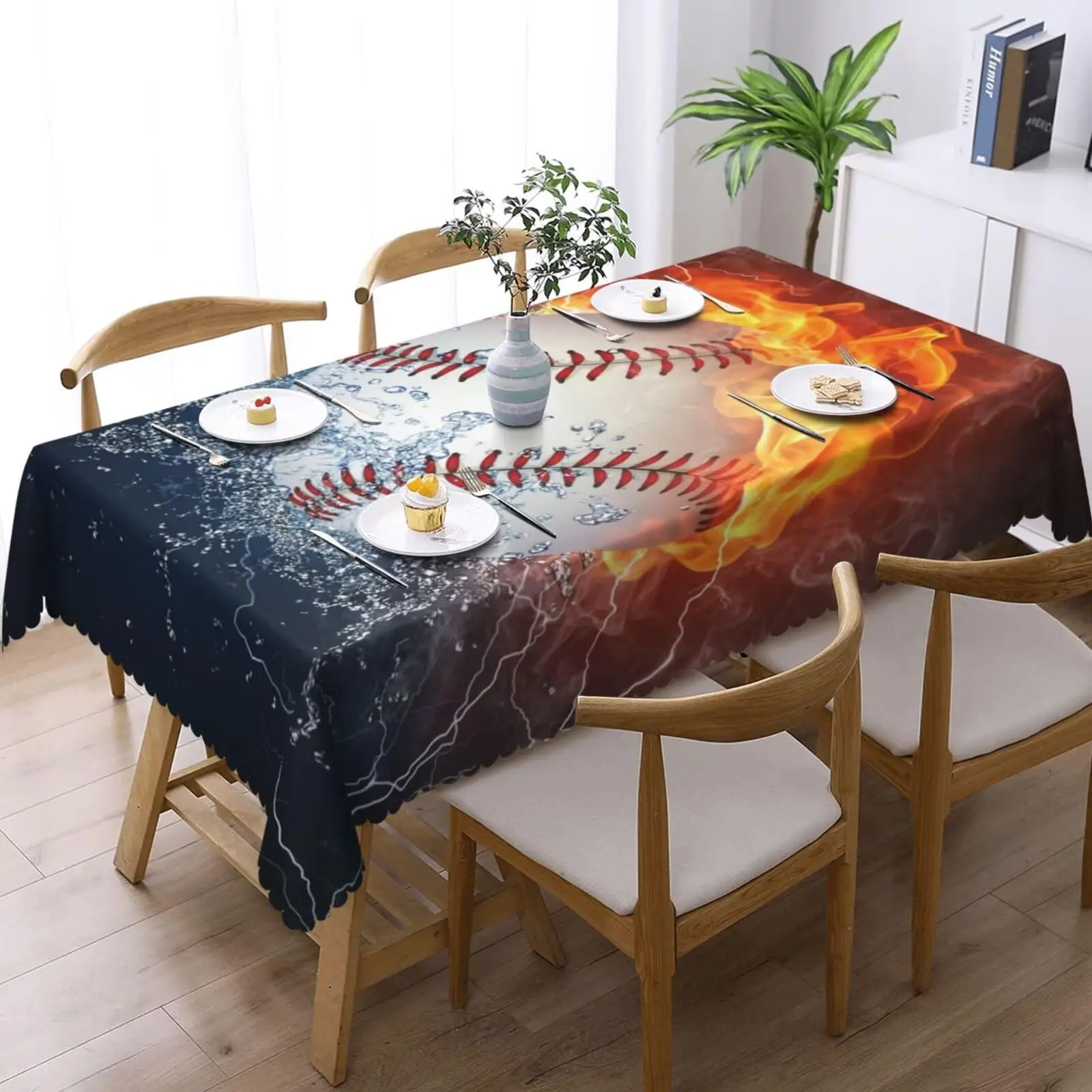 Ice Water Fire Baseball Ball Rectangle Tablecloth Sport Themed Table Cloths Blue and Burgundy Sportive Game Print Washable Table