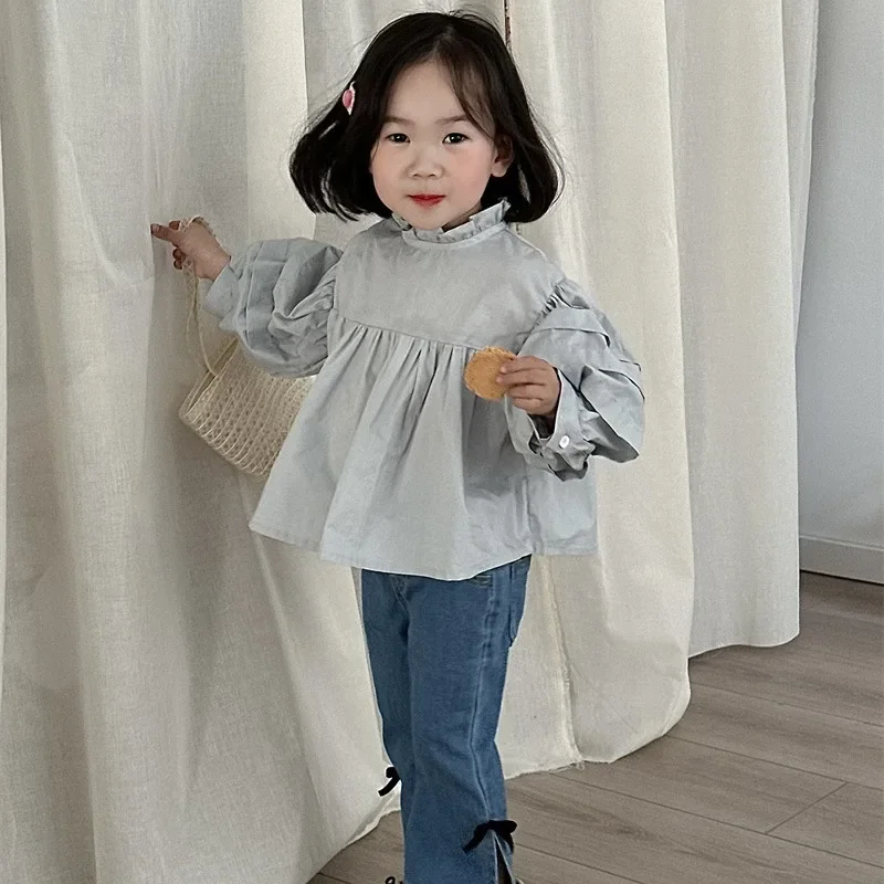 Spring New Product for Girls, Bubble Sleeves, Fungus Stand-up Collar Shirt for Children, Korean Solid Color Long-sleeved Shirt