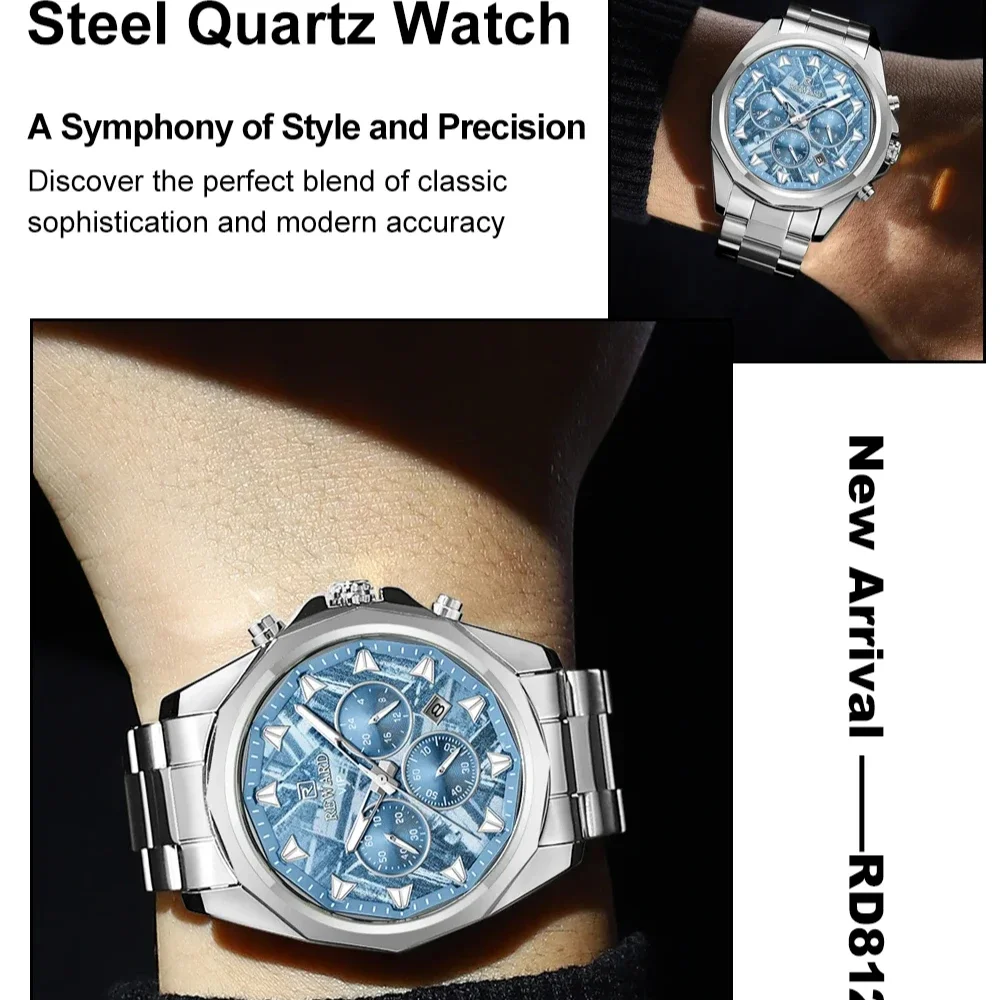REWARD 812052 Fashion Men's Quartz Watch Art Design Large Dial Chronograph Calendar Waterproof Stainless Steel Watches for Man