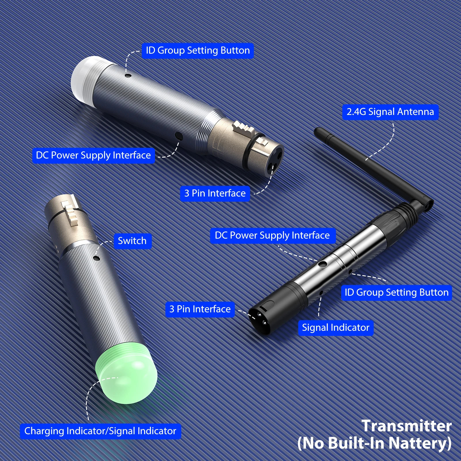 U'King 3 قطعة استقبال قابلة للشحن وجهاز إرسال DMX512 اللاسلكي ومجموعة حافظة مدمجة في بطارية التحكم في إضاءة المسرح لشريط الحفلات