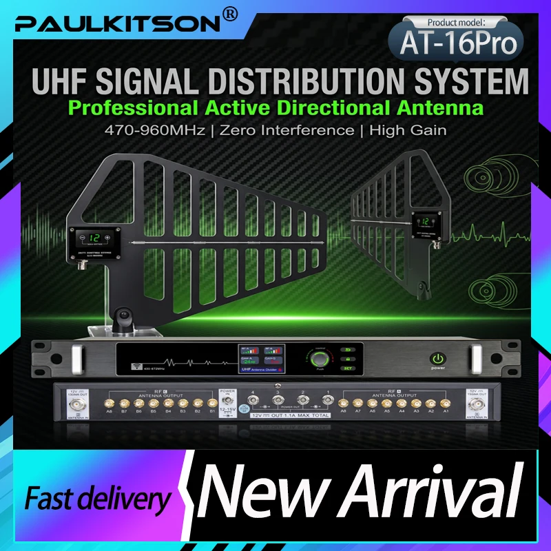 

Paulkitson AT-16Pro UHF Antenna Distribution System 16CH 470-960MHz Zero Interference High Gain Stage Live Wireless Mic Amp Kit