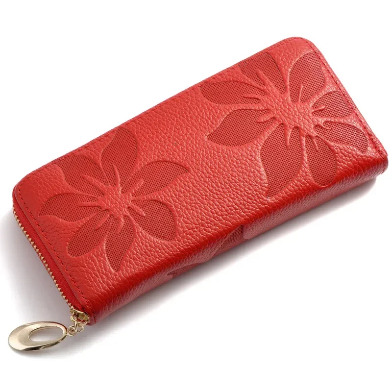 Cartera de piel auténtica con cremallera para mujer, bolso de mano grande, tarjetero