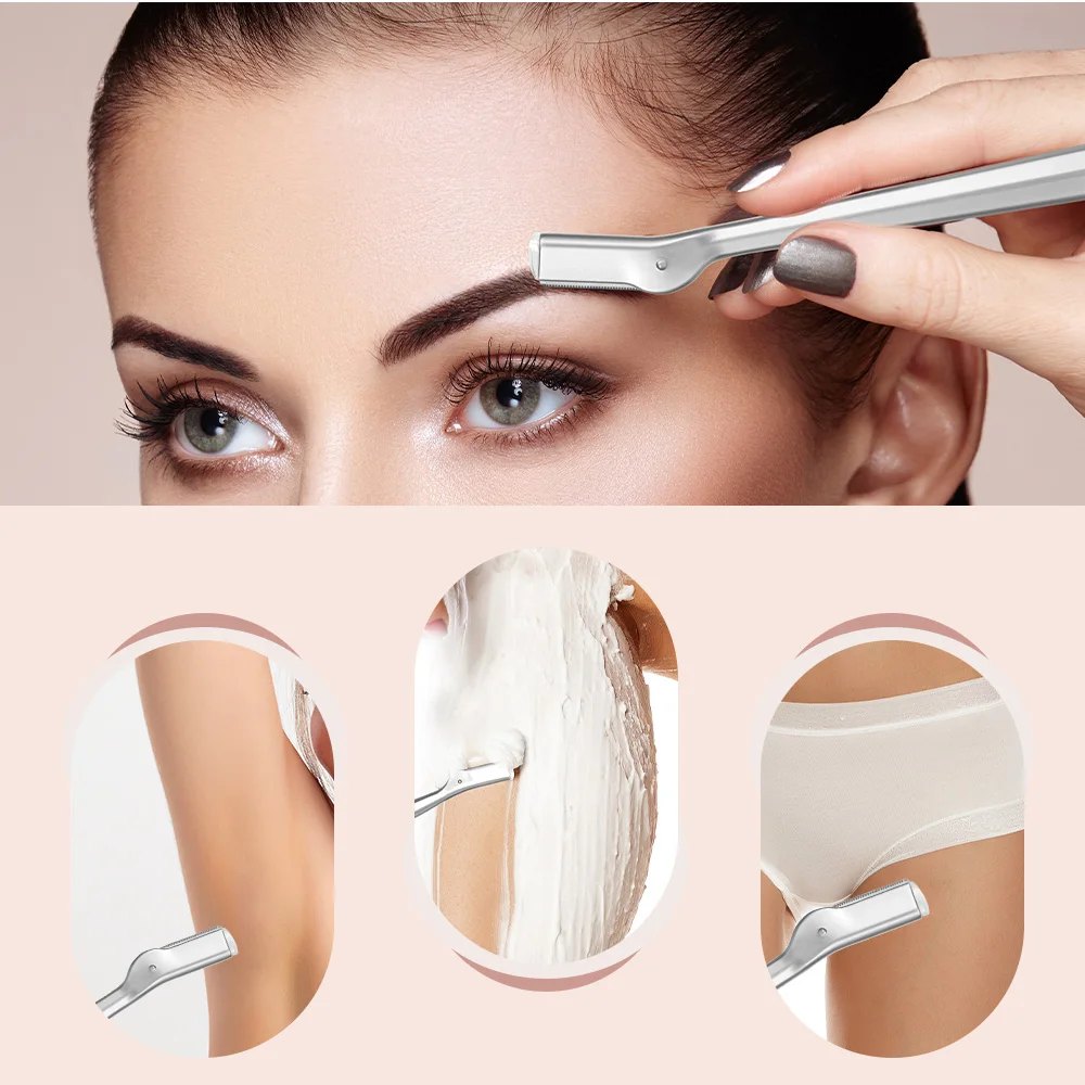 Multi-Purpose Eyebrow Razor Set of 9 Pieces, Women's Eyebrow Razor and Facial Hair Removal Tool, Suitable for Eyebrows, Face, Underarm Hair Removal, Etc., Includes 5 Replaceable Blades, an Eyebrow Brush, Leather Case and Box, Made of Stainless Steel, Facial Hair Removal Tool |   Stainless Steel Razor