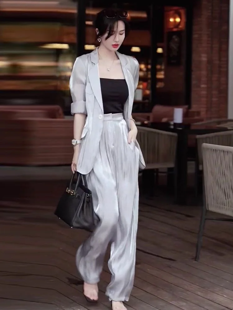 New White Blazer Suits Women Long Sleeve V Neck Autumn, Capable, Elegant And Fashionable High-end Wide Leg Pants Two Piece Set