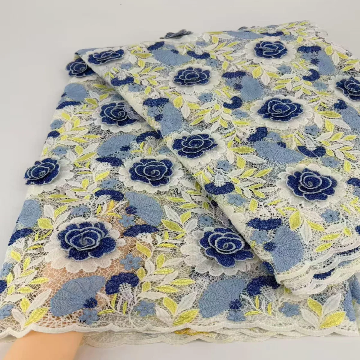 African Lace Fabric Navy Blue 3D Floral Embroidery Lace with Gold Thread, Guipure Cord Lace Material for Wedding Party Dress Sew
