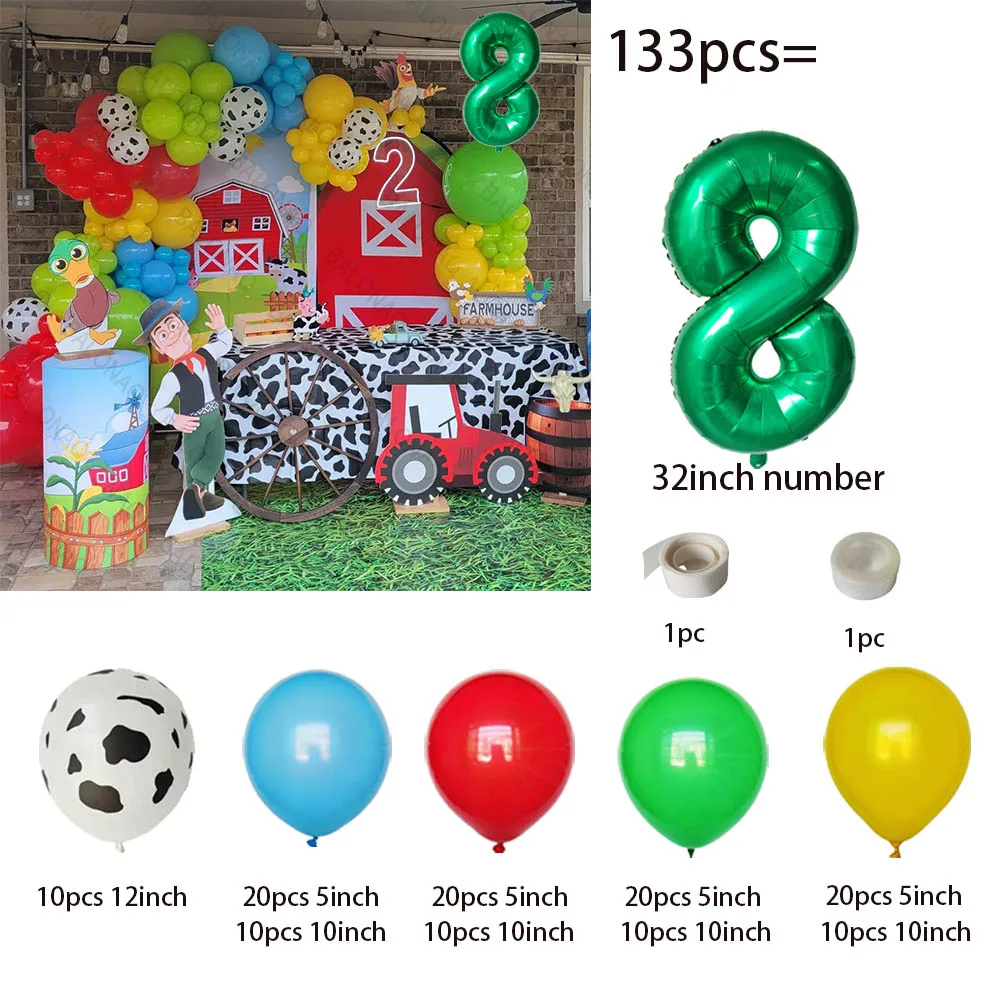 132pcs Red Yellow Green Cow Pattern Printed Latex Balloons Garland Arch Kit Farm Party Supplies Farm Animals Birthday Decoration