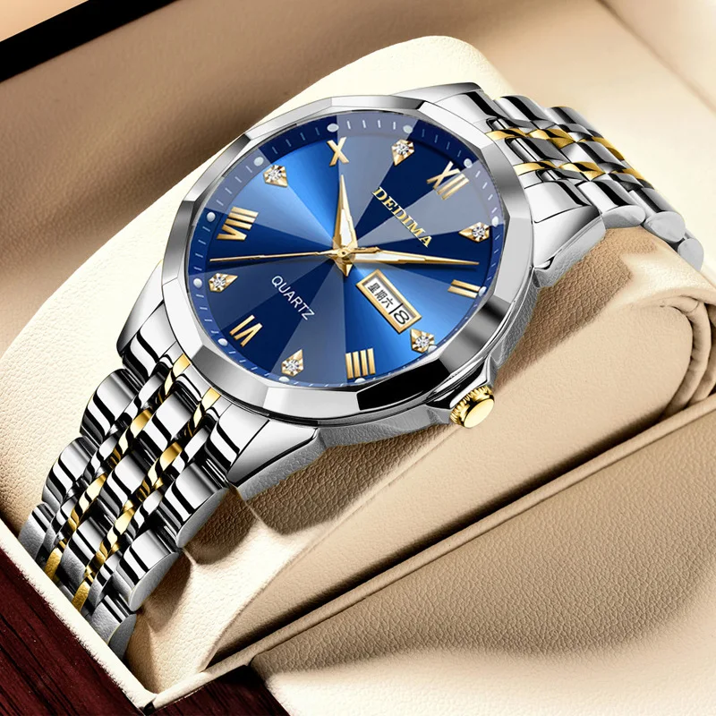 Luxury Men's Quartz Watch Dual Calendar Male Business Wristwatch Diamond Studded Solid Steel Band Butterfly Clasp Trendy Casual
