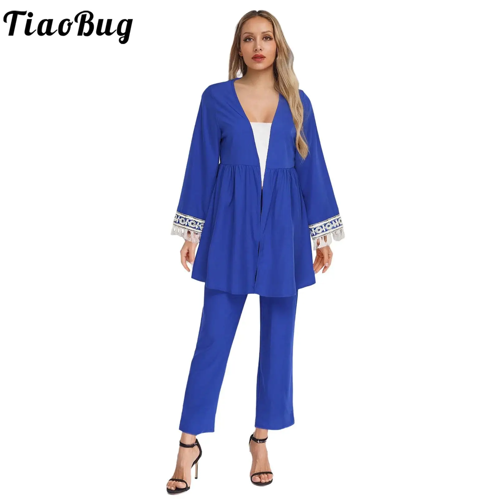 

Women Casual Outfits Fashion Solid Color Long Sleeve Tassel Cuffs Open Front Robe Top with Wide Leg Pants 2-piece Casual Set