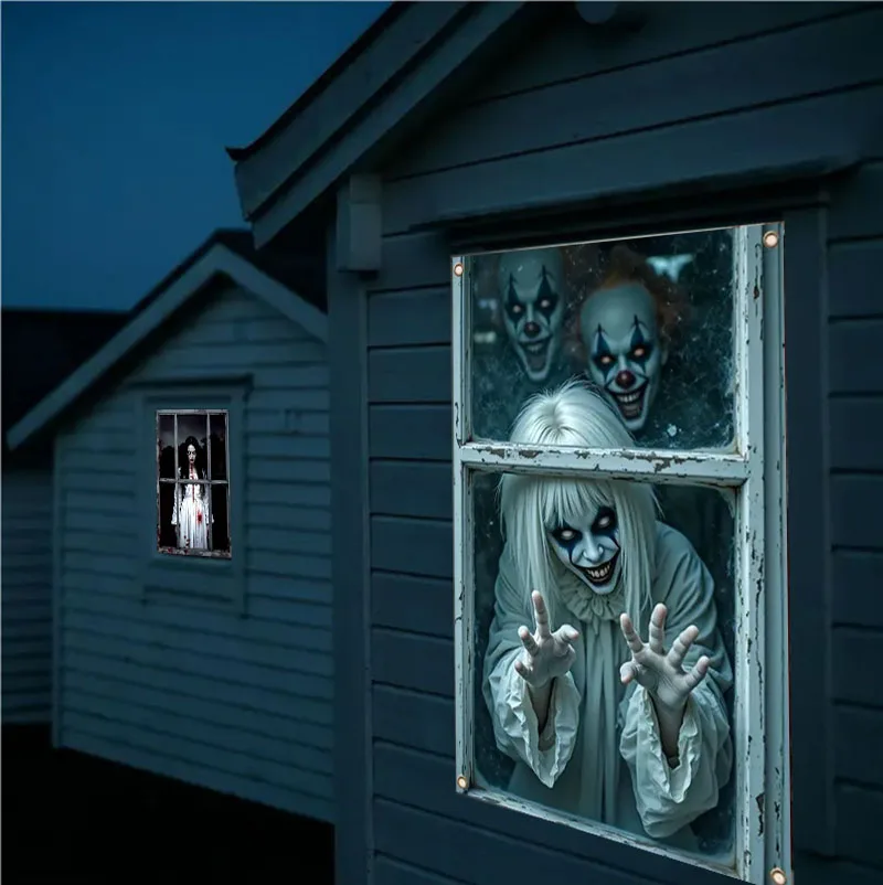 Scary Halloween Window Cover Decorations Witch Zombie Ghosts Super Terrifying Backdrop Creepy Photography Background Hanging