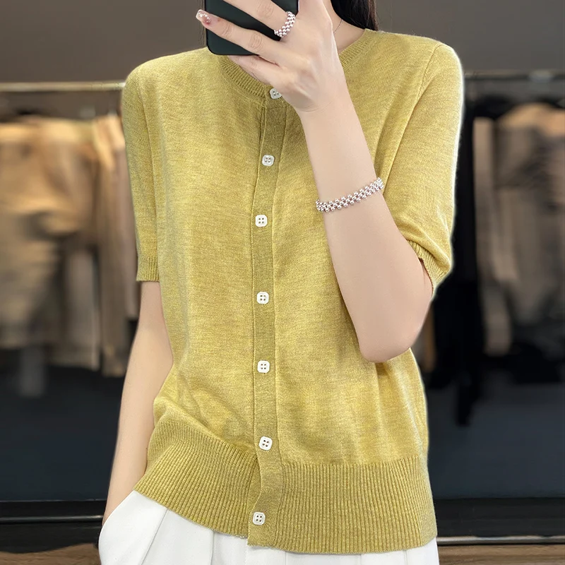 

23 Spring and Summer New Worsted Wool Solid Color Cardigan Crewneck Short Sleeve Sweater Women's Loose and Thin Top