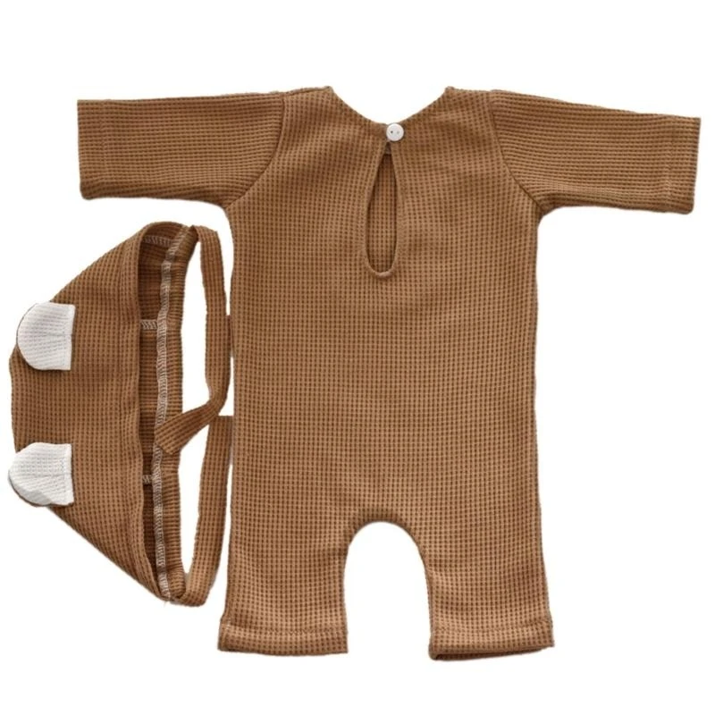 E7CE Baby Photo Costume Bear Ear Bonnet Hat Long Sleeved Romper Newborn Photo Outfit