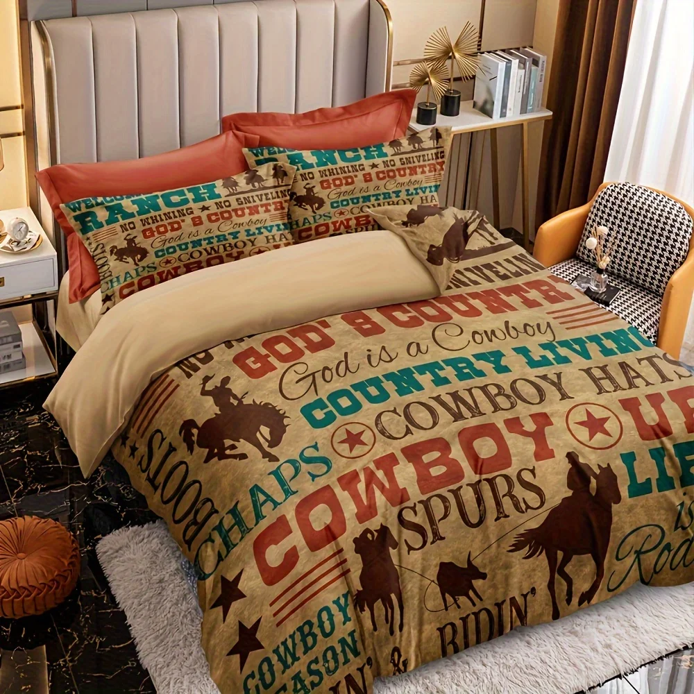 Rustic Western Cowboy Knight Printed Bedding Set Soft Comfortable Duvet Cover For Bedroom Guest Room 1*Duvet Cover+2*Pillowcases