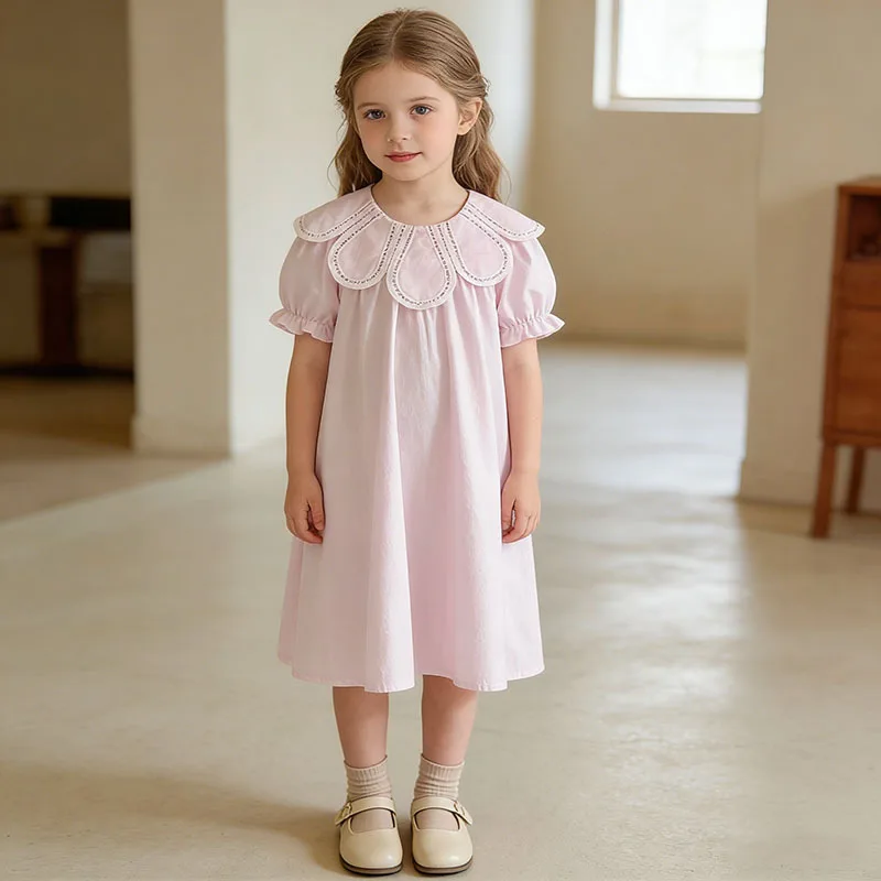 

2026 Summer New Girls' Solid Color Petal Design with Neckline Cotton Bubble Sleeves Simple Dress