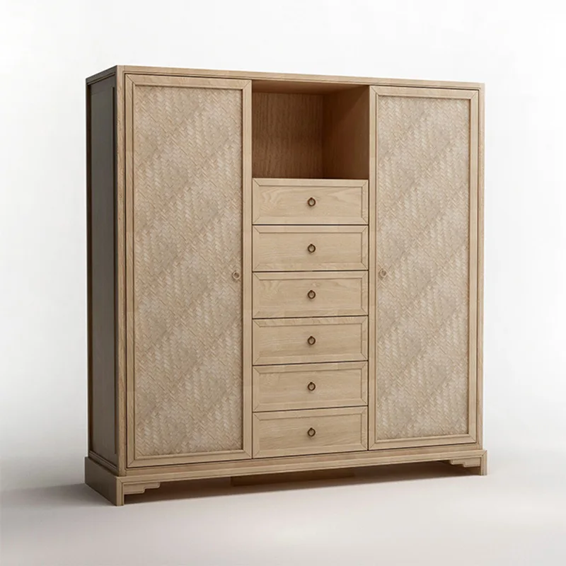 

New Chinese Wardrobe Modern Chinese Solid Wood Simple Locker Double Door Wardrobe Villa Bedroom Zen