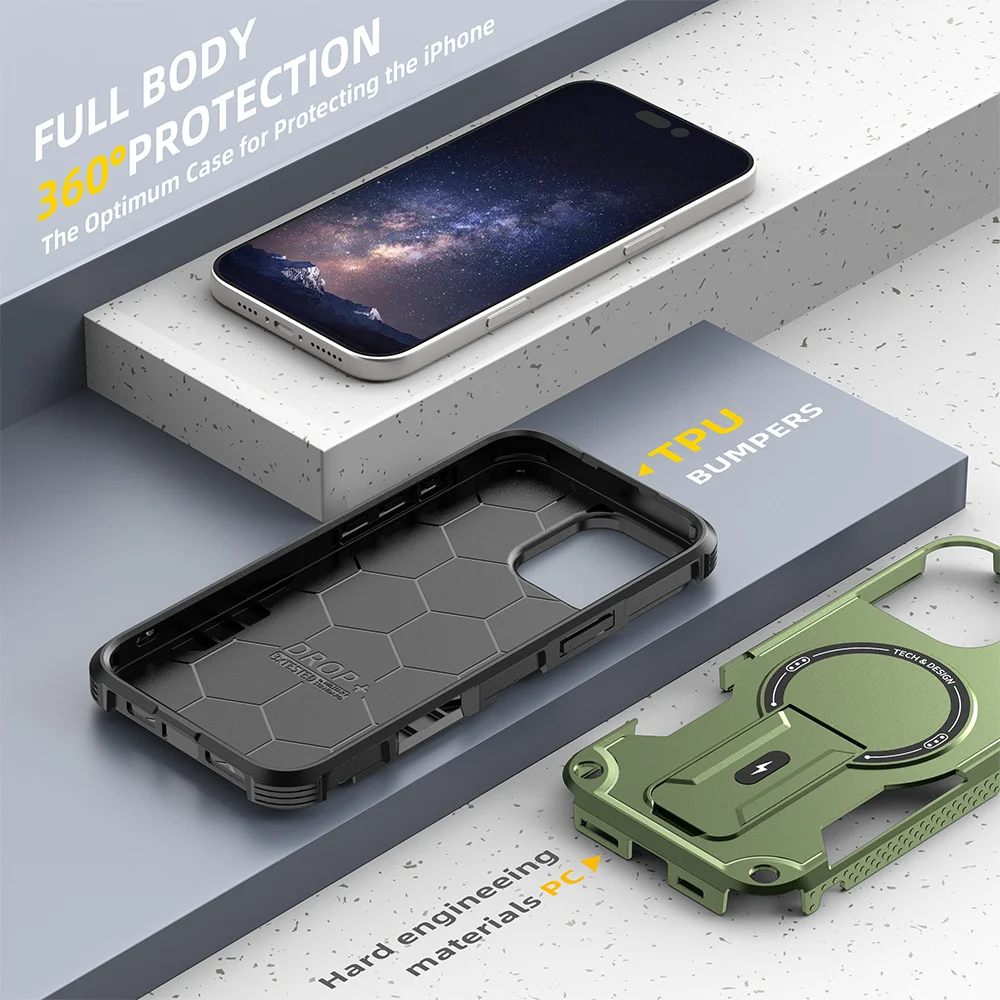 Militärisch Stoßfeste Handyhülle für iPhone 11 12 13 14 15 16 17 Pro Max mit Magnetischer Drahtloser Aufladung und Unsichtbarem Ständer – Detail 9