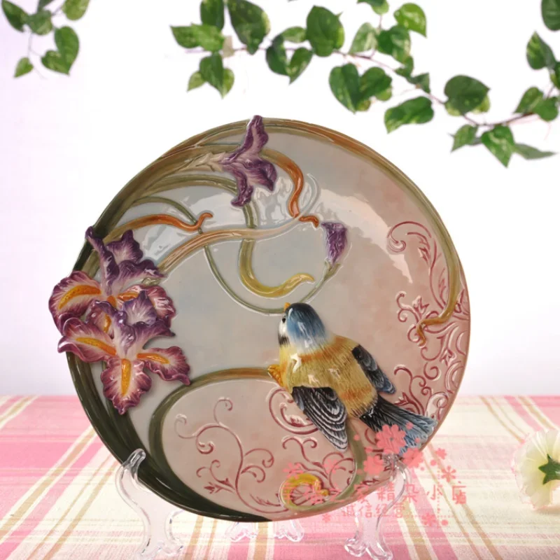 3D Flowers And Birds Decorative Wall Dishes Porcelain Decorative Plates Home Decor Crafts Room Decoration Accessories Figurine