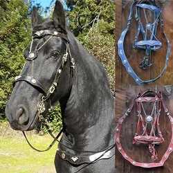 Cabeza de brida de cuero a la moda, equipo ecuestre para caballos, Halters y cuerdas de plomo, juego de jaula para caballos de tiro de Metal