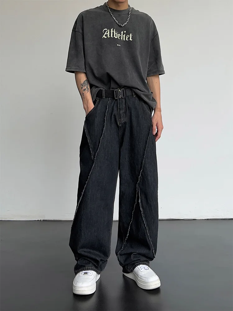 Pantalones vaqueros desgastados de hip hop para hombre, pantalones vaqueros rasgados de retazos, ropa de calle informal holgada de gran tamaño, pantalones de pierna ancha, 2024