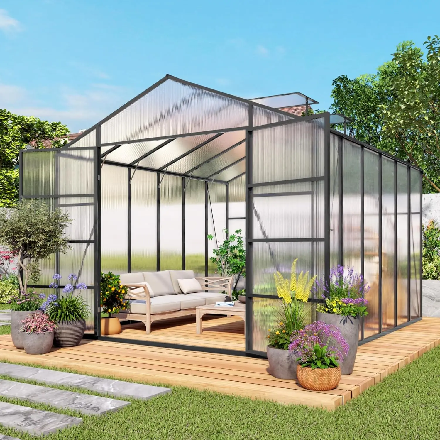 

Теплица для улицы 10x12x8.7 футов, поликарбонатная, с усиленной ветрозащитой и вентиляцией на крыше, с возможностью входа, на заказ