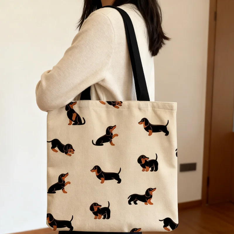 

Cute Dachshund Pattern Shoulder Bag Cartoon Puppy Print Handbag Women's Fashion Large Capacity Lightweight Durable Shopping Bag