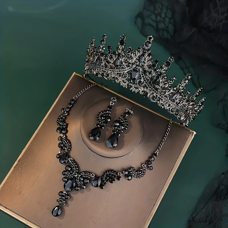 3pcs Dark Elegant Retro Baroque Queen Exquisite Crown Necklace Earpin Three Piece Set Combination Crown Headwear Accessories Par