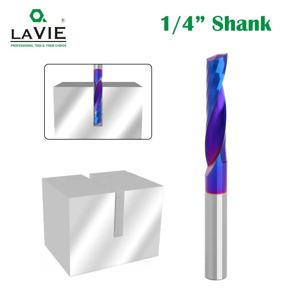 LAVIE 6.35mm Shank 1pc Single Flute Up Cut Router Bit Solid Carbide Blue Nano For Acrylic PVC Wood Milling Z07O0625UBL