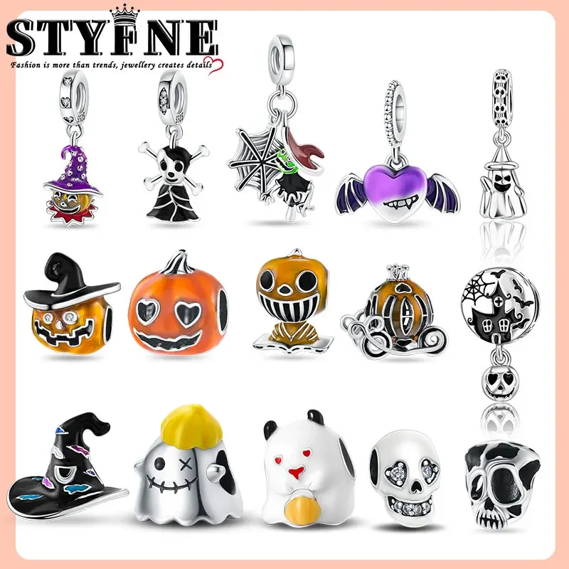 925 Sterling Silver Halloween Glow-in-the-dark Spooky Pumpkin Charm Symbols Beads Fits DIY for Jewelry Making