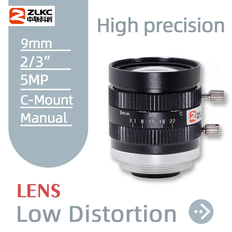ZLKC 9mm fixed focus lens 2/3 inch camera C-Mount 5MP machine vision low distortion lenses F2.1-22 manual iris