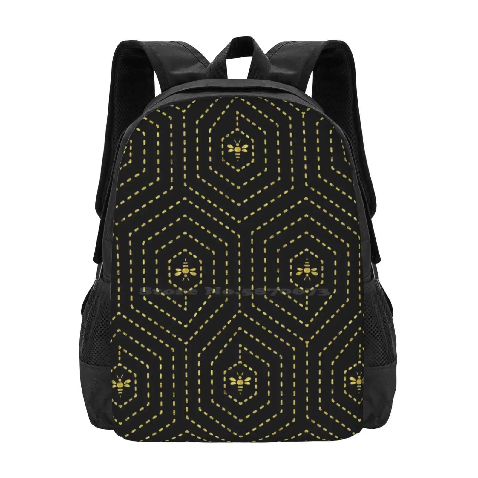 Honeycomb Home School Bags For Teenage Girls Laptop Travel Bags Golden Honeycomb Pattern Hexagon Shape Black Elegant Minimal