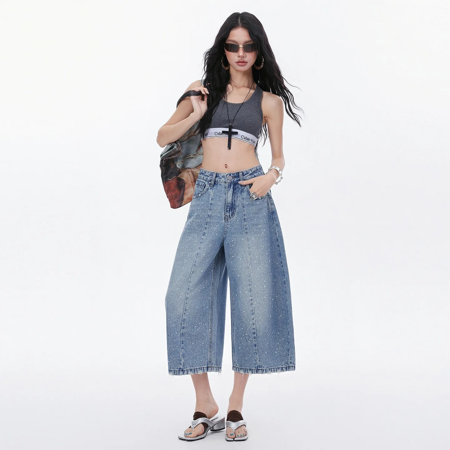 Flash Diamond Wide-leg Eight-point Jeans Women's 26 Loose Casual Versatile Straight Pants