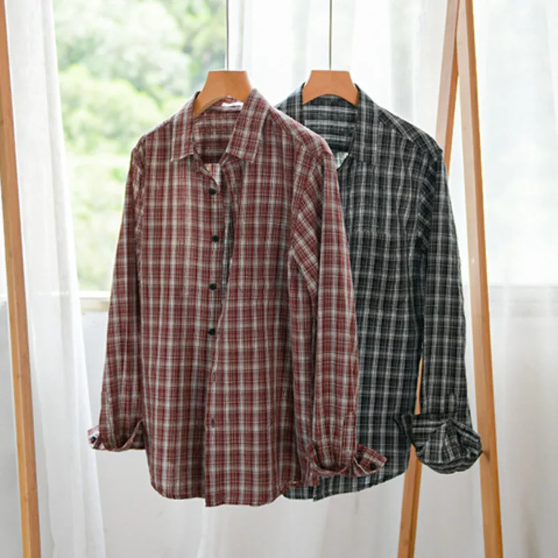 

Men's Long Sleeve Shirt Spring Autumn Cotton Houndstooth Button Down Dress Shirt Japanese Style Male Loose Casual Fashion Tops